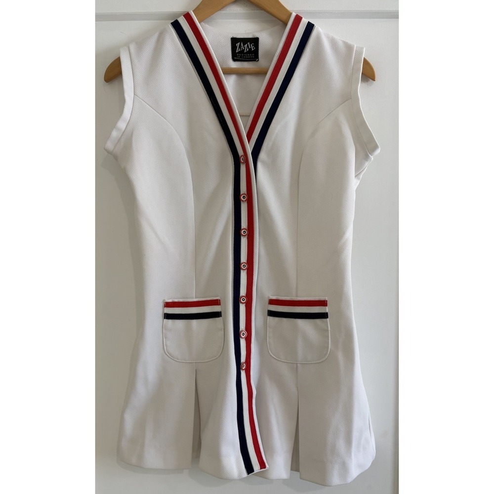 Vtg 70s Zazie London Mod Tennis Dress White Pleated Mini Red Blue XS S 17" P2P